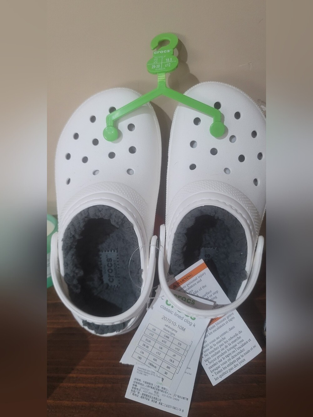 CROCS Kids White Classic Lined Clog with Gray Fleece